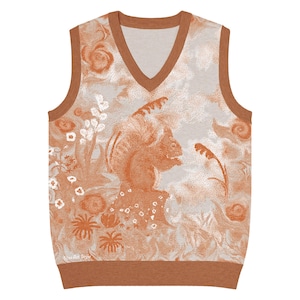May include: A sleeveless V-neck sweater vest featuring a light beige and burnt orange botanical print. The design includes intricate illustrations of flowers and foliage throughout the fabric, finished with solid burnt orange ribbed trim.