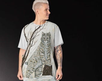Wild Cat T-shirt Dress: Winter wildlife art, Oversize sleep shirt, Bliss Art Style