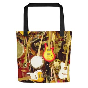 Guitars & Drums Tote bag - Musical Instruments, Music, Stars, Purse, Book bag, Shopping, Gift bag, Travel bag, Warm colors - Bliss Art Style