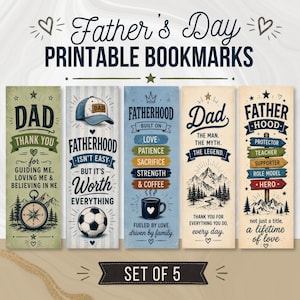 Puede incluir: Un conjunto de cinco marcapáginas imprimibles para el Día del Padre con textos como Dad, Fatherhood y The Man, The Myth, The Legend. Los marcapáginas muestran ilustraciones de una brújula, balón de fútbol, taza de café, montañas y señales.