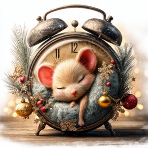 May include: A classic alarm clock with a sleeping mouse inside. The clock face has Roman numerals and is decorated with festive ornaments, pine needles, and snowflakes. The mouse is light brown with pink ears, creating a charming, seasonal scene.