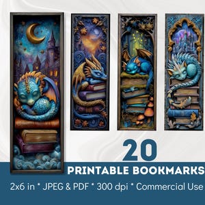 Könnte beinhalten: Set mit 20 druckbaren Lesezeichen, jedes mit einer einzigartigen Fantasy-Szene mit Drachen. Die Lesezeichen sind 5 cm x 15 cm groß. Die Designs zeigen Drachen mit Büchern, Burgen und Monden. Der Text "PRINTABLE BOOKMARKS" ist ebenfalls enthalten.