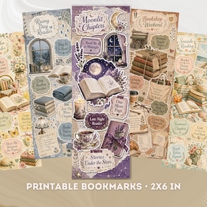 Puede incluir: Cinco marcapáginas rectangulares verticales con ilustraciones de estilo vintage de libros, flores, velas y tazas de té. Cada marcapáginas muestra texto que incluye Garden Reader, Rainy Day Reader, Moonlit Chapters, Bookshop Weekend y Seaside Reading.