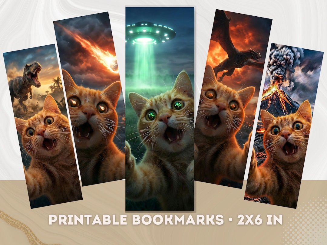 Chaotic Cat Selfie Bookmarks, Printable Orange Cat Bookmark Set ...