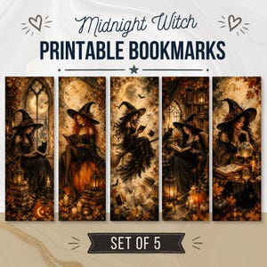 May include: A set of five printable bookmarks titled Midnight Witch, featuring dark, autumnal illustrations of witches in pointed hats, black cats, pumpkins, glowing lanterns, floating books, and full moons in warm orange and brown tones.