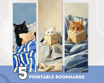 5 Reading Cat Funny Quotes Bookmarks, Printable Cat Bookmarks 2x6, Book Lover Gift, Instant Download