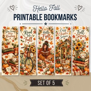 Hello Fall Printable Bookmark Set, Cozy Autumn Books and Sunflowers, Cottagecore Reading Designs