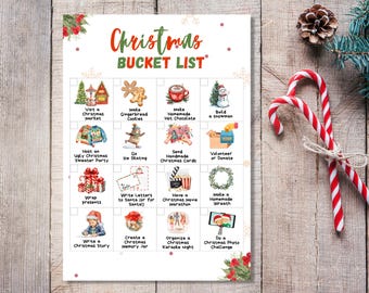May include: A festive Christmas Bucket List printable with colorful illustrations of holiday activities. The list includes ideas like making gingerbread cookies, building a snowman, and wrapping presents. Two candy canes and a pine cone are on a wooden background.