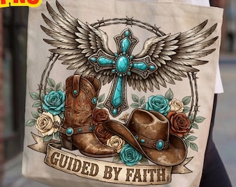 Guided By Faith PNG Western Cross Cowboy Boots Hat Christian Western Faith Turquoise Cross Wings Clipart, Country Christian Sublimation