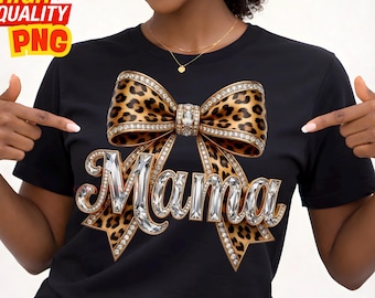 Leopard Bling Mama PNG, fiocco Coquette, strass, cristallo, mosaico, gioiello, lettere, scintillanti, design DTF