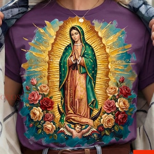 Virgin of Guadalupe PNG, Catholic Religious Brushstroke Art, Gold Halo Floral Glitter Hand Painting Sublimation Design