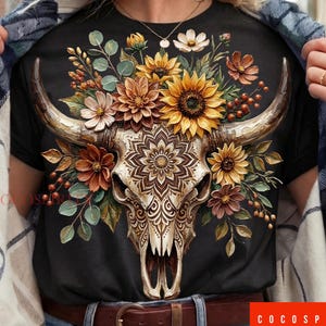 Western Bull Skull PNG, Brushstroke Floral Rustic Wild West Boho Graphics, Trending Digital Download
