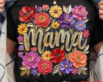 Mama Frühling Blumen Pinselstrich PNG, Muttertag Bunte Gold Aquarell handgemalte Blumen, Retro Boho Frühling Design, digitaler Download