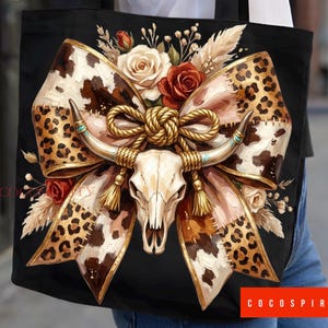 Western Skull Bow PNG Sublimation, Boho Patchwork Cowhide Leopard Bow, Rustic Western Floral Brushtroke Sublimation Design