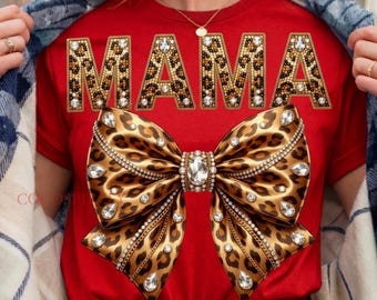 Leopard Bling Mama PNG: Coquette Bow Rhinestone Crystal Mosaic Jewel Gold Letters Sparkle DTF Design