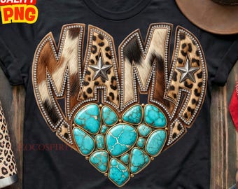 Howdy Mama PNG: Western Heart Mom Cowhide Turquoise Rhinestone Leopard Sublimation Design, Trending Digital Download