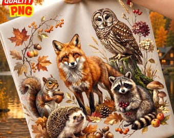 Woodland Animals PNG, Fall Forest Creatures Graohic, Autumn Fox Owl Raccoon Squirrel Hedgehog DTF Sublimation Design, Digital Download