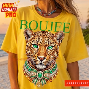 Create the ultimate statement pieces with this luxurious Boujee jeweled leopard sublimation design bundle! This glamorous set includes two stunning color variations—emerald green and sapphire blue—featuring a jaguar head completely encrusted in sparkling diamonds and intricate gold details. Perfectly capturing the trendy maximalist aesthetic, these high-quality PNGs