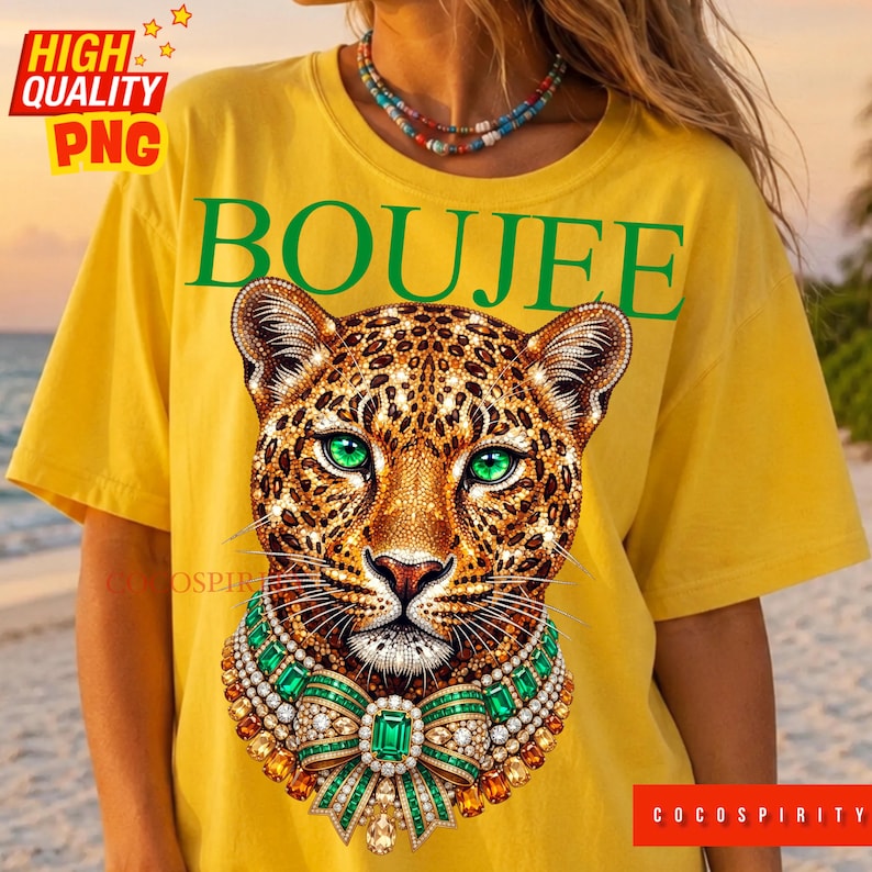 Create the ultimate statement pieces with this luxurious Boujee jeweled leopard sublimation design bundle! This glamorous set includes two stunning color variations—emerald green and sapphire blue—featuring a jaguar head completely encrusted in sparkling diamonds and intricate gold details. Perfectly capturing the trendy maximalist aesthetic, these high-quality PNGs