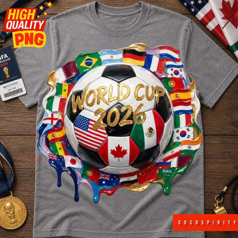 World Cup 2026 PNG is a bold and vibrant football artwork featuring a realistic 3D soccer ball surrounded by the flags of iconic competing nations. USA, Mexico, Canada, Brazil, Argentina, Germany, and more are all painted in a stunning dripping paint style with explosive splashing colors. The iconic golden glittering World Cup 2026 lettering sits proudly at the center, radiating championship energy that soccer fans worldwide will absolutely love