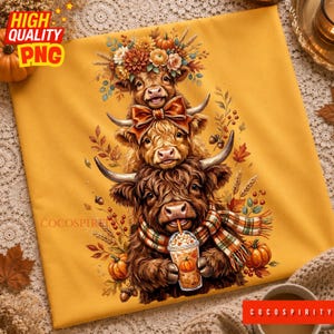 May include: A mustard yellow fabric square featuring a graphic illustration of three stacked Highland cows. The top cow wears a floral crown, the middle cow has a large bow, and the bottom cow wears a plaid scarf while holding a pumpkin spice latte.