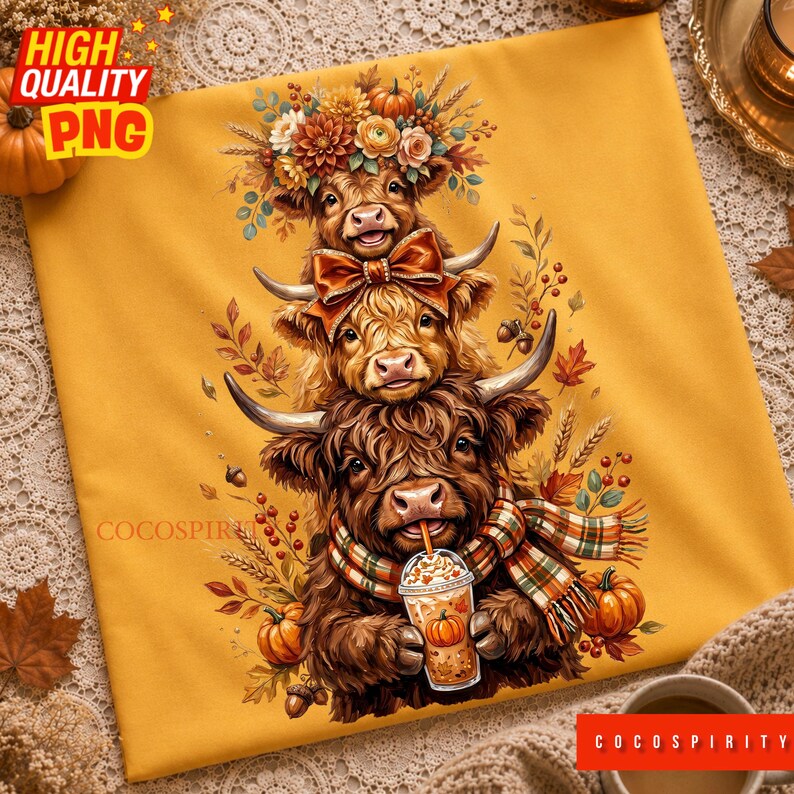 May include: A mustard yellow fabric square featuring a graphic illustration of three stacked Highland cows. The top cow wears a floral crown, the middle cow has a large bow, and the bottom cow wears a plaid scarf while holding a pumpkin spice latte.