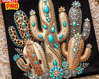 May include: A black fabric surface featuring a graphic print of four stylised cacti adorned with turquoise gemstones, intricate metallic filigree, leopard print patterns, and floral accents. The design includes various shades of brown, tan, and bright blue.