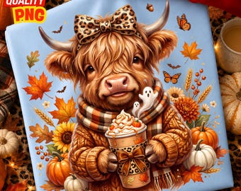 Highland Cow Fall PNG, Pumpkin Spice Coffee, Leopard Coquette Bow, Cozy Autumn Spooky Season Cute Ghost Sublimation Design, Digital Download