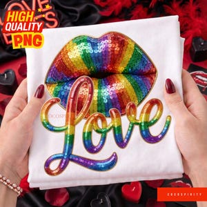 May include: White t-shirt featuring a sequined rainbow-colored lips design and the word "Love" in a rainbow sequined script. The image also includes the text "High Quality PNG".
