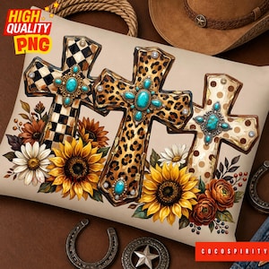 May include: A rectangular throw pillow featuring three decorative crosses with distinct patterns: a black and white checkerboard, a brown leopard print, and a tan polka dot. Each cross is adorned with a central turquoise stone and sunflowers.