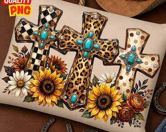 Western Cross Trio PNG, Turquoise Leopard Sunflower Graphic, Christian Mama Faith Sublimation Design, Country Fall Digital Download