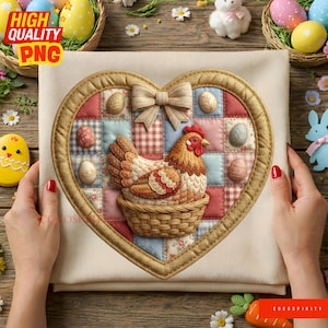 May include: A heart-shaped Easter-themed decorative piece featuring a patchwork design with a hen in a basket and decorative eggs. The piece has a beige bow and a gold-colored border. The words "HIGH QUALITY PNG" are in the upper left corner.