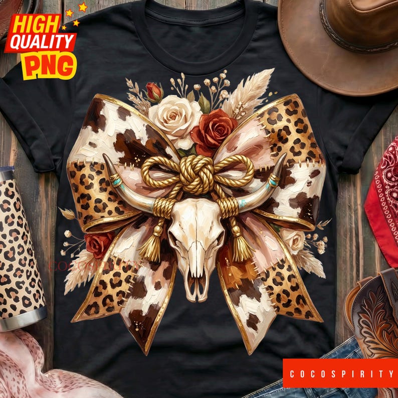 May include: Black t-shirt with a detailed graphic of a cow skull with long horns, a large bow with a cowhide and leopard print design, and floral accents. The shirt has the text "COCOSPIRITY" at the bottom.