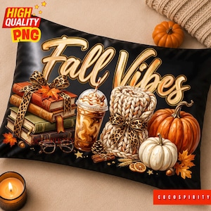 May include: A rectangular pillow featuring a black background with the text Fall Vibes in gold script. The design includes a stack of books tied with a leopard print ribbon, a coffee drink, a knit sweater, pumpkins, and eyeglasses.