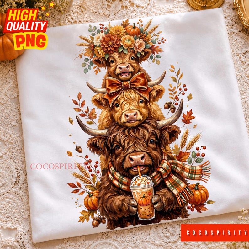 May include: A white t-shirt featuring a graphic of three stacked Highland cows. The top cow wears a floral crown, the middle cow has a large bow, and the bottom cow wears a plaid scarf while holding a pumpkin spice latte. Autumn leaves, wheat, and pumpkins surround the cows.