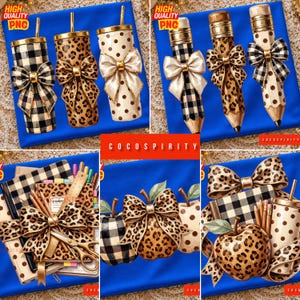 Leopard Teacher Apple School Supplies PNG Bundle: Checkered Polka Dot Pencil Book Scissors Ruler Tumbler Set