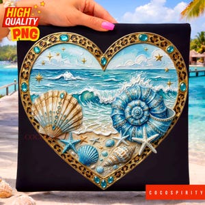 May include: A heart-shaped artwork depicting a beach scene with seashells, starfish, and ocean waves. The artwork has a gold leopard print border with turquoise accents. The background is black, and the image includes the text "HIGH QUALITY PNG" and "COCOSPIRITY".