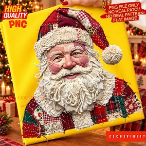 Op de afbeelding: Een digitale afbeelding van de Kerstman met een patchwork-stijl ontwerp in rode, groene en witte stoftexturen. De afbeelding bevat de tekst HIGH QUALITY PNG, PNG FILE ONLY, NO REAL PATCH, NO REAL PATTERN, FLAT IMAGE en COCOSPIRITY.