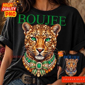Create the ultimate statement pieces with this luxurious Boujee jeweled leopard sublimation design bundle! This glamorous set includes two stunning color variations—emerald green and sapphire blue—featuring a jaguar head completely encrusted in sparkling diamonds and intricate gold details. Perfectly capturing the trendy maximalist aesthetic, these high-quality PNGs