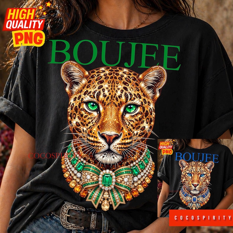 Create the ultimate statement pieces with this luxurious Boujee jeweled leopard sublimation design bundle! This glamorous set includes two stunning color variations—emerald green and sapphire blue—featuring a jaguar head completely encrusted in sparkling diamonds and intricate gold details. Perfectly capturing the trendy maximalist aesthetic, these high-quality PNGs