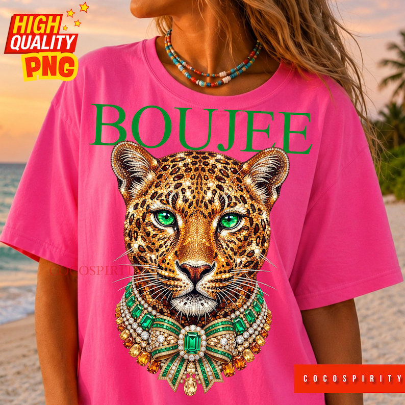 Create the ultimate statement pieces with this luxurious Boujee jeweled leopard sublimation design bundle! This glamorous set includes two stunning color variations—emerald green and sapphire blue—featuring a jaguar head completely encrusted in sparkling diamonds and intricate gold details. Perfectly capturing the trendy maximalist aesthetic, these high-quality PNGs