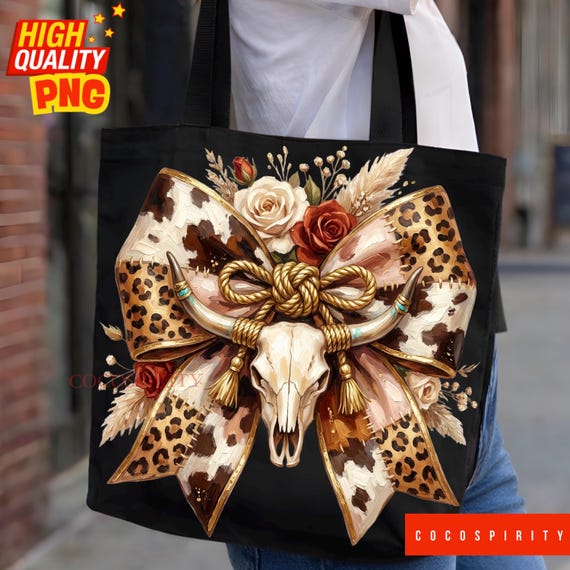 Western Skull Bow PNG Sublimation, Boho Patchwork Cowhide Leopard Bow, Rustic Western Floral Brushtroke Sublimation Design