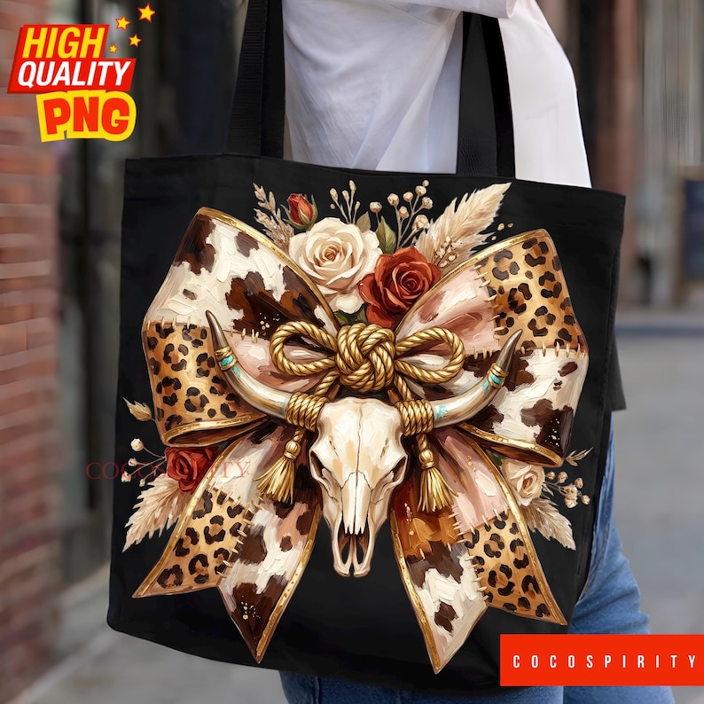 May include: Black tote bag featuring a cow skull with horns, a large bow with cowhide and leopard print patterns, and floral accents. The bag has a black handle and the text "COCOSPIRITY" in a red rectangle.