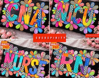 Bundle PNG pour infirmière : graphique floral coup de pinceau Nicu CNA RN, motif en sublimation léopard à carreaux, téléchargement numérique d'agent de santé