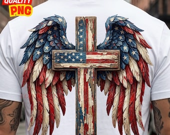 Ailes de croix patriotique PNG, sublimation de croix de drapeau américain rustique, chemise chrétienne du 4 juillet, téléchargement graphique de foi de jour de vétérans