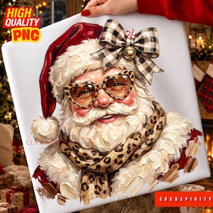 May include: A digital illustration of Santa Claus wearing a red hat with a white pom-pom, heart-shaped leopard print glasses, and a matching leopard print scarf. A large black and white buffalo plaid bow with a gold bell sits on the hat.