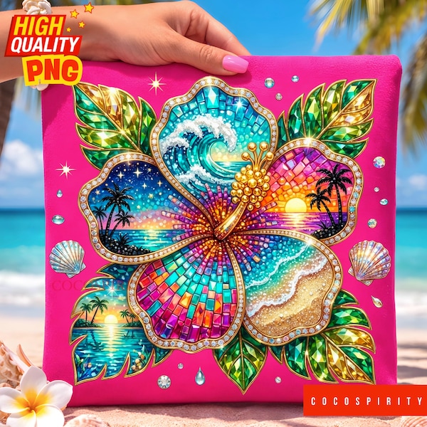 Tropikalny hibiskus na plaży, zachód słońca, PNG, mozaika z kryształkami i brokatem, kwiaty, sublimacja, modny cyfrowy plik do pobrania