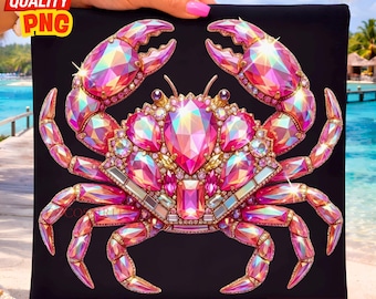 Rhinestone Crab PNG: Pink Mermaid Color Bling Summer Coastal Ocean Gem Sublimation Design, Trending Digital Download