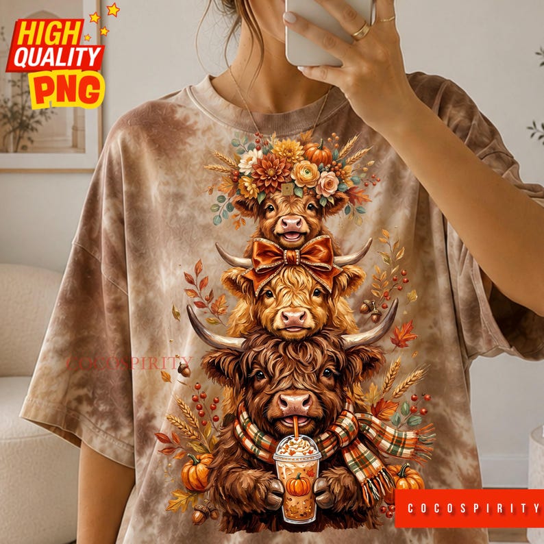 May include: A brown tie-dye t-shirt featuring a graphic of three stacked Highland cows. The top cow wears a floral crown, the middle cow has a bow, and the bottom cow wears a plaid scarf while holding a pumpkin spice latte with a pumpkin design.