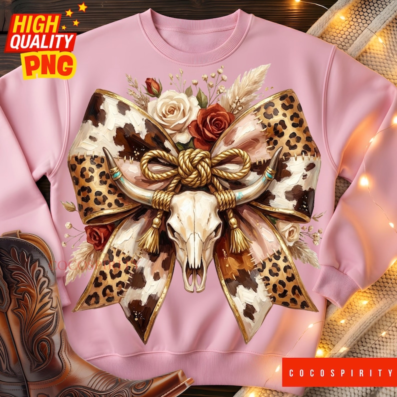May include: Pale pink sweatshirt with a cow skull design, bow, and floral accents. The design incorporates leopard print, roses, feathers, and a gold rope. The text "COCOSPIRITY" is visible in the bottom right corner of the image.